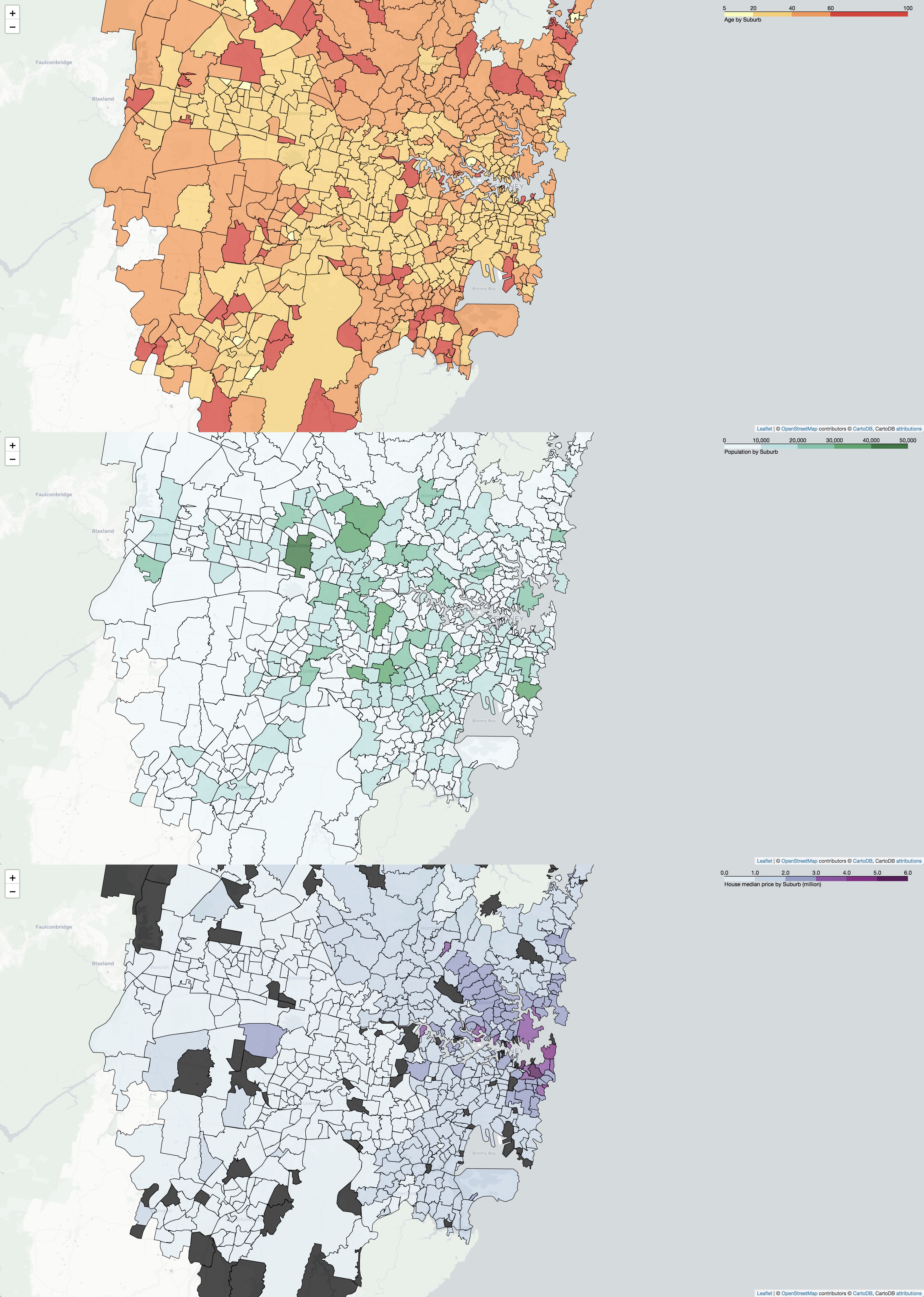 Choropleth map for age range, population, and property affordability